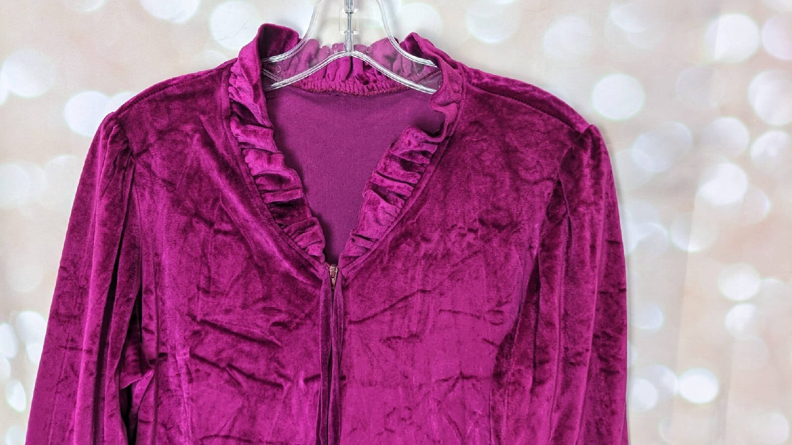 Women's Vintage Dark Fuchsia Crushed Velvet Robe Front Ruffle Accent ...