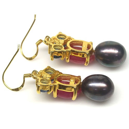 Gemstone 9 x 12 mm. Pink Ruby, Pearl & Sapphire Earrings 925 Silver 18K Gold - Picture 3 of 4