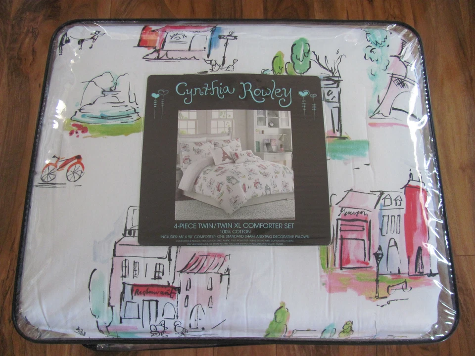 Cynthia Rowley Bonjour Paris Scenes-4 Piece Twin/Tn XL-Comforter Set-Pillows-New - Image 2 of 4