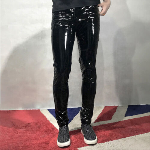 Herren Kunstleder Glänzend Hose Metallisch Skinny Dehnbar Slim Hose Club Party - Bild 3 von 31