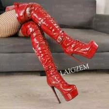 Women Over Knee Boots Platform Side Zip Stiletto Heels Boots Shiny Ladies Buckle
