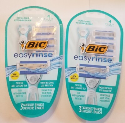 2 packs Bic Easy Rinse 3 Cartridges 1 Handle 4 blades w/ Aloe & Vitamin E Strips