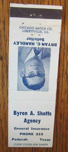 PADUCAH, TEXAS: BRYAN HANDLEY INSURANCE AGENT LOW PHONE #215 MATCHBOOK COVER F14 - Picture 2 of 2