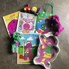 Bundle of Vintage 90s Barney the Dinosaur Baby Bop Plush Cake Pan Book Puzzle