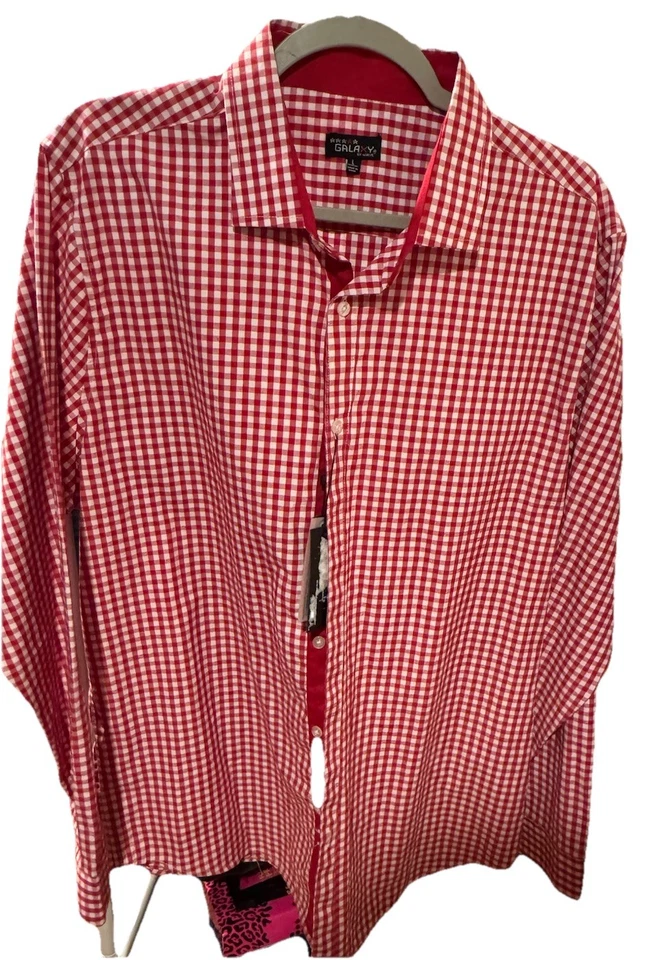 Galaxy By Harvic Men's Red/White Gingham Slim-Fit Button-Down Dress Shirt Large - Image 2 of 3