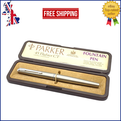 VINTAGE PARKER 45 FLIGHTER FÜLLFEDERHALTER GEBÜRSTET CHROM STAHL MEDIUM FEDER ENGLAND