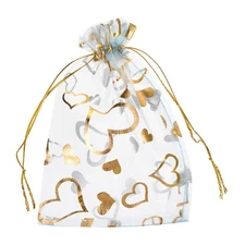 50 Pcs Organza Bag 4"x6" Sheer Heart Mesh Bags Drawstring Light Blue-Gold