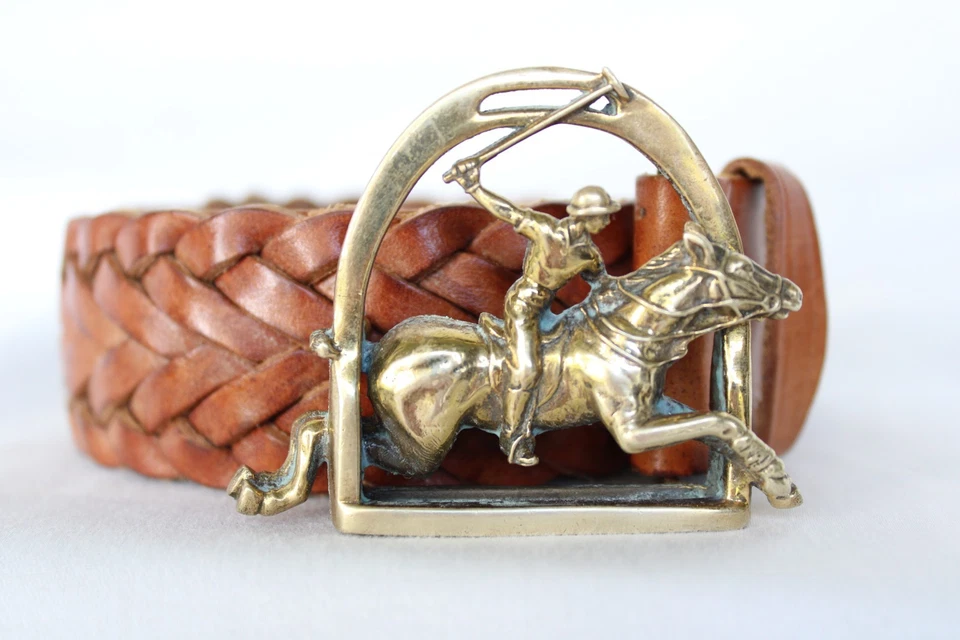 POLO Player Ralph Lauren Vintage Latón Caballo Ecuestre Cinturón Cuero Trenzado 28 Foto 4 de 4