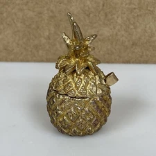 Vintage Miniature Pineapple Salt Cellar Saccharin Pot With Tongs Gold Tone