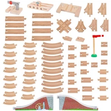 Wooden Train Tracks 68 Pcs Expansion Pack with Arched Bridge, Engine Barge, D...