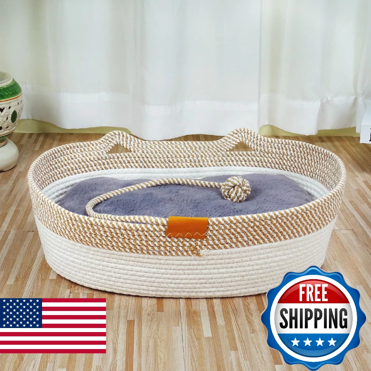 Pet Beds for Cats, Cat Beds for Indoor Cats 19.69"×13.78"×6.30",Cotton Rope Oval
