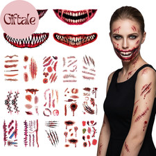 130 PCS Zombie SFX Temporary Tattoos Kit with 4 Large 3D Fake Mouth Scars   Wate