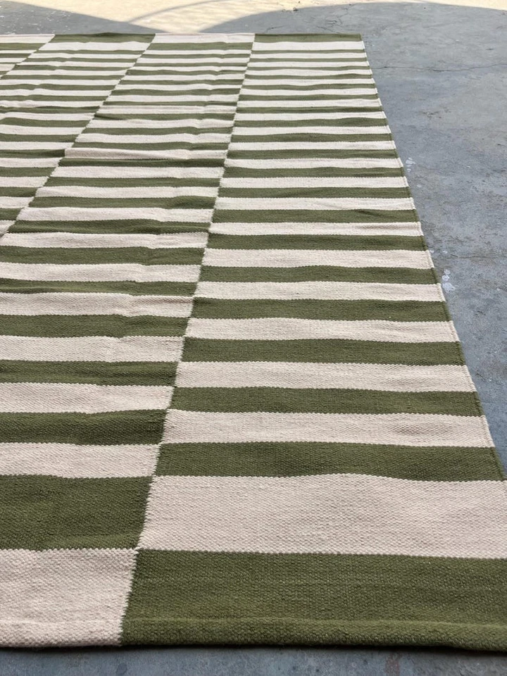 Striped Wool Rug Modern Living Flatweave kilim Green/White Wool Area Rug Runner - Image 3 of 4