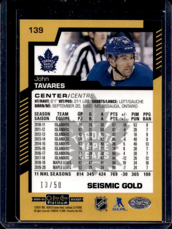 2020-21 O-Pee-Chee Platinum John Tavares Seismic Gold #13/50 Maple Leafs - Image 2 of 2