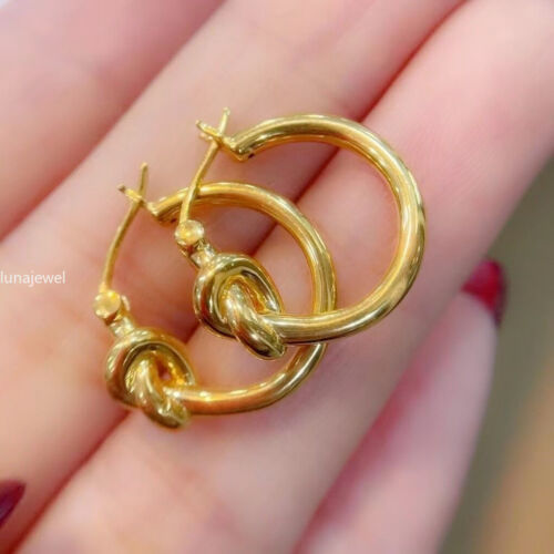 Pure 18K Yellow Gold Lucky Knotted Circle Hoop Earrings Women - Picture 2 of 11