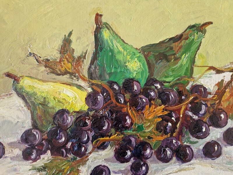 Michel Poulain oil on canvas still life with cherries pears painting