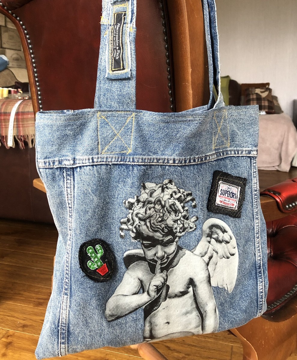 Handmade Denim Tote Bag Handbag Upcycled Patchwork Cherub Young Thug