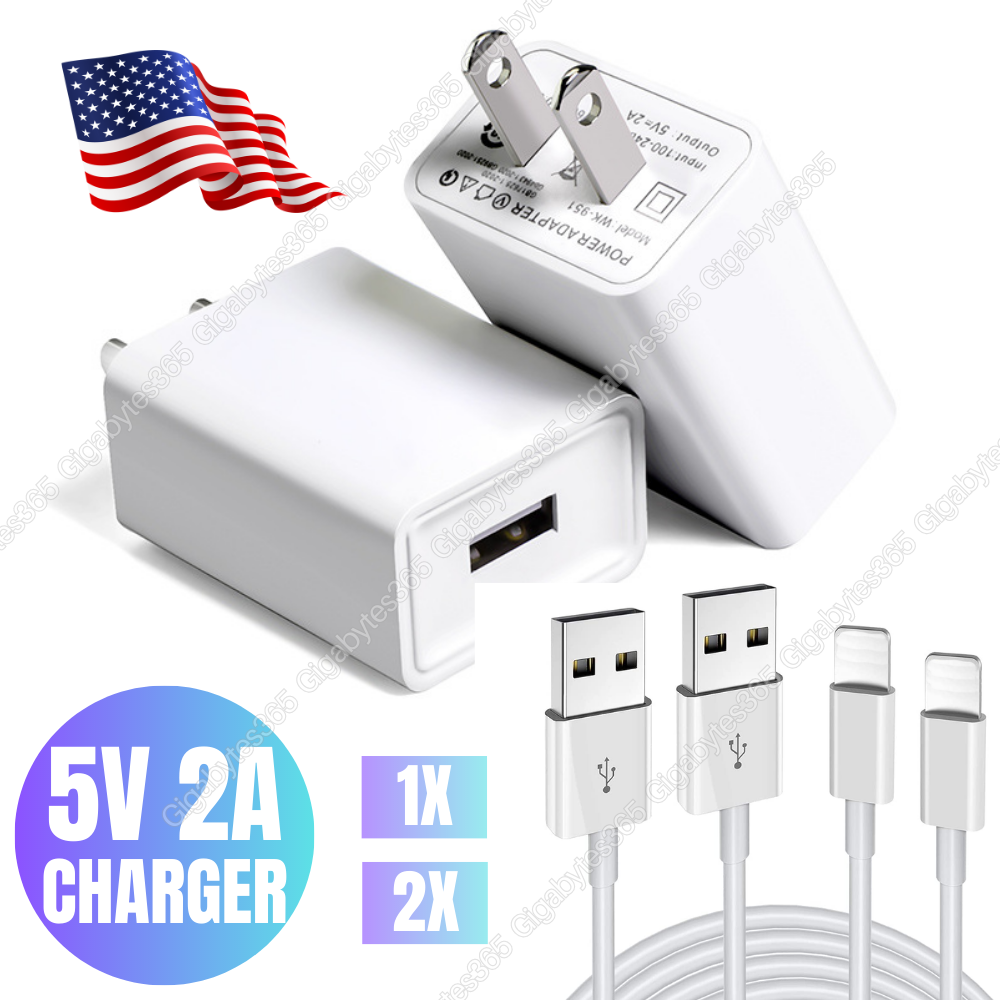Fast USB Wall Charger Adapter US Plug for iPhone 14 13 12 11 Pro 1-2X Cable