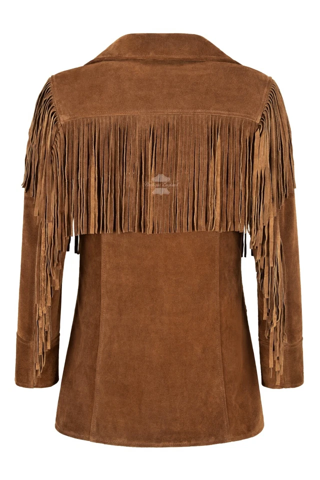 Women Western Fringes Leather Jacket Tan Classic Fringe Real Suede Jacket 5937 - Image 4 of 4