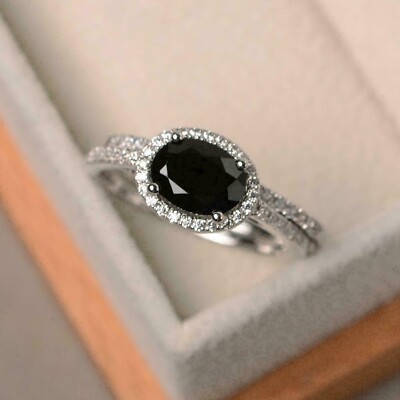 1.22Ct Black Oval Cut Moissanite Halo Engagement 925 Sterling Silver Ring Set