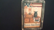 PRIMITIVE COUNTRY PRINT **BLESS OUR HOME** black handmade frame  9 1/2" x 7"
