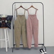 Ladies Corduroy Overalls Dungaree Jumpsuit Harem Ankle Length Pants Pocket Pink