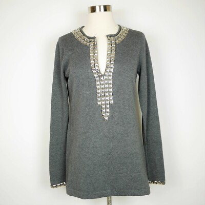 BOSTON PROPER Women's S Gray thin knit long sleeve tunic sweater studded blouse