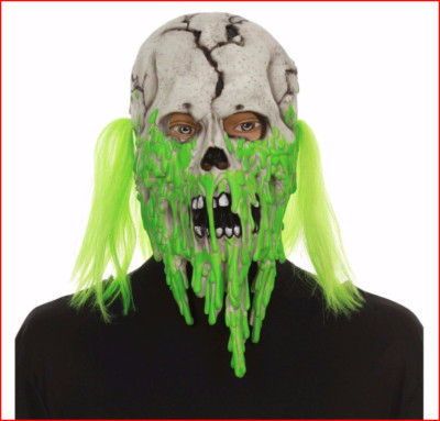 Halloween Costume OOZING Skull MASK with Neon GREEN HAIR Adult ALL SIZES  NEW 