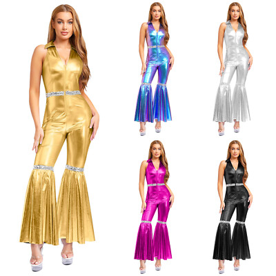 Womens Flare Bottom Full Jumpsuit 70s Disco Costume Dance Rompers Club  Party