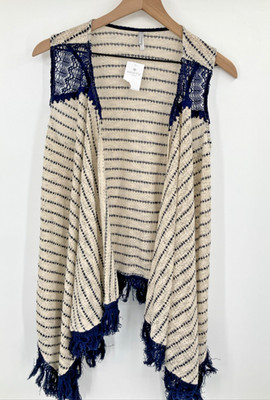 Vanity Cardigan Vest Women Small Striped Beige Blue Fringe Hem Crochet Lace