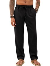 Mens Casual Linen Pants Elastic Waist Drawstring Loose Fit Yoga Trousers