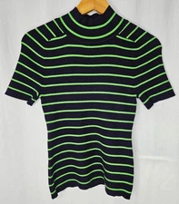 Free Assembly Black & Green Striped Ribbed Short Sleeve Mock Neck Top Size Small