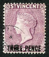 St Vincent SG63 1897 3d on 1d Mauve Very Fine Used Cat 26 pounds