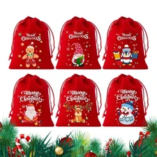 6 Pieces Velvet Drawstring Bags Snowman Print Spacious Pouch Christmas Gift Bags
