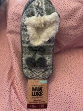 Muk Luks Womens Ballerina Slipper Gray Geometric Pom Pom L/XL 8-10 NEW FREE sHIP