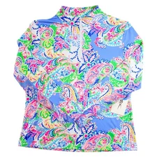 Gottex Shirt Womens L Blue Paisley 1/4 Zip Long Sleeve Mock Neck Top $88 NEW