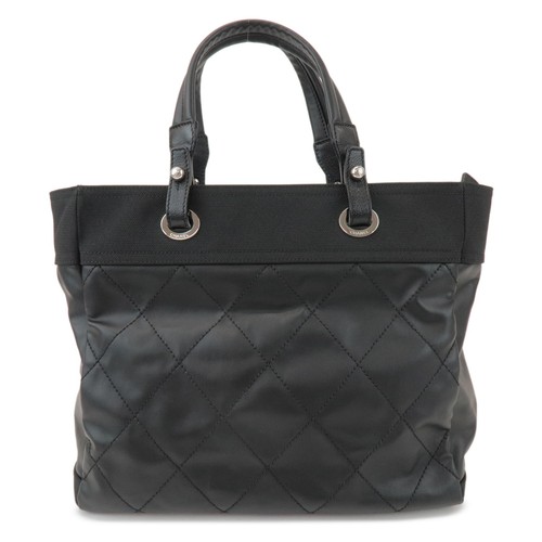 CHANEL Paris Biarritz MM Leather Canvas Tote Bag Black A34209 Authentic Used F/S