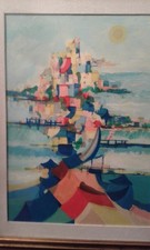 Carlo Bazzoni Dipinto a olio “Città di mare” paesaggio marino, firmato 1979