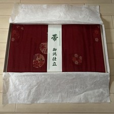 Red obi kimono Japanese accessories floral pattern unused