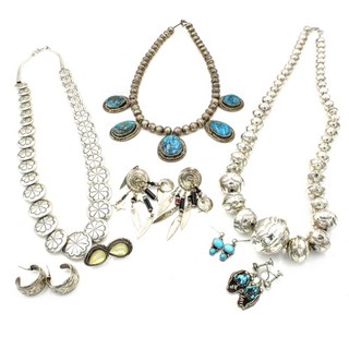 Southwest Sterling Turquoise Onyx Bench Bead Necklace Earring Lot of 8 #S4521 4