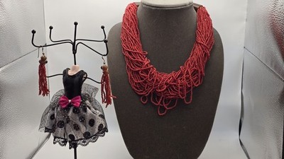 vtg. Gerda Lynggaard Red Coral Beads 58 strands Horn Clasp necklace W/Earrings 