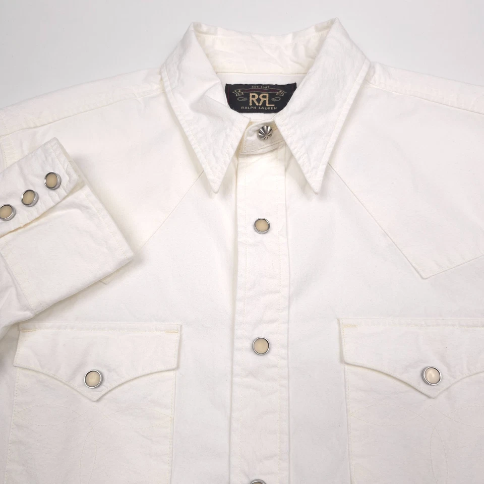 Camisa occidental RRL Ralph Lauren blanca popelina algodón perla a presión para hombre talla grande Foto 3 de 4