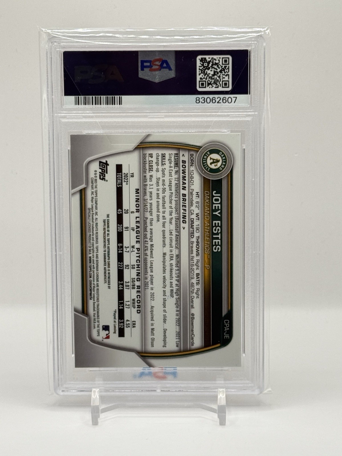 2023 Bowman Chrome - Prospect AutoJoey Estes #CPA-JE Purple Refractor PSA 10 view 3