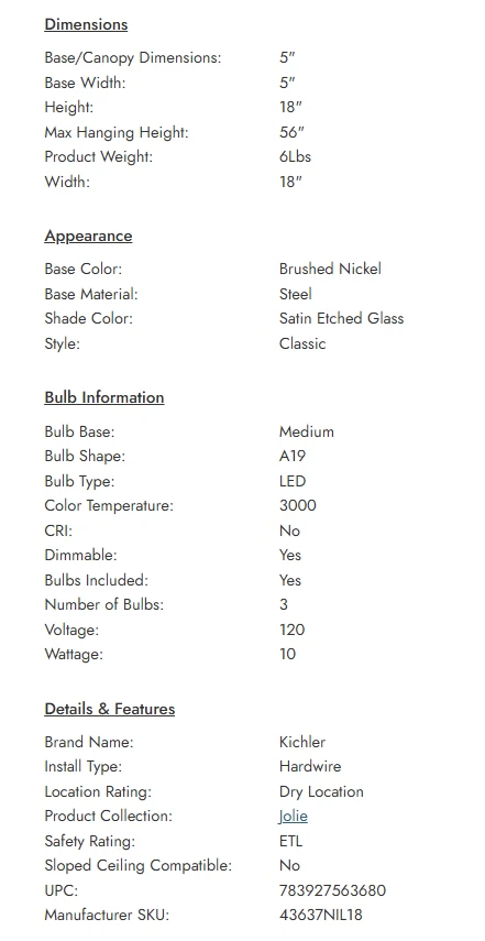 Kichler Jolie матовый никель люстра с 3 лампы - 18 «43637 совершенно новый - Изображение 2 из 2