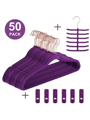 Clothes Hangers Suit (50 Pack)-Non Slip With 6 Finger Clips & Tie Rack Excellent