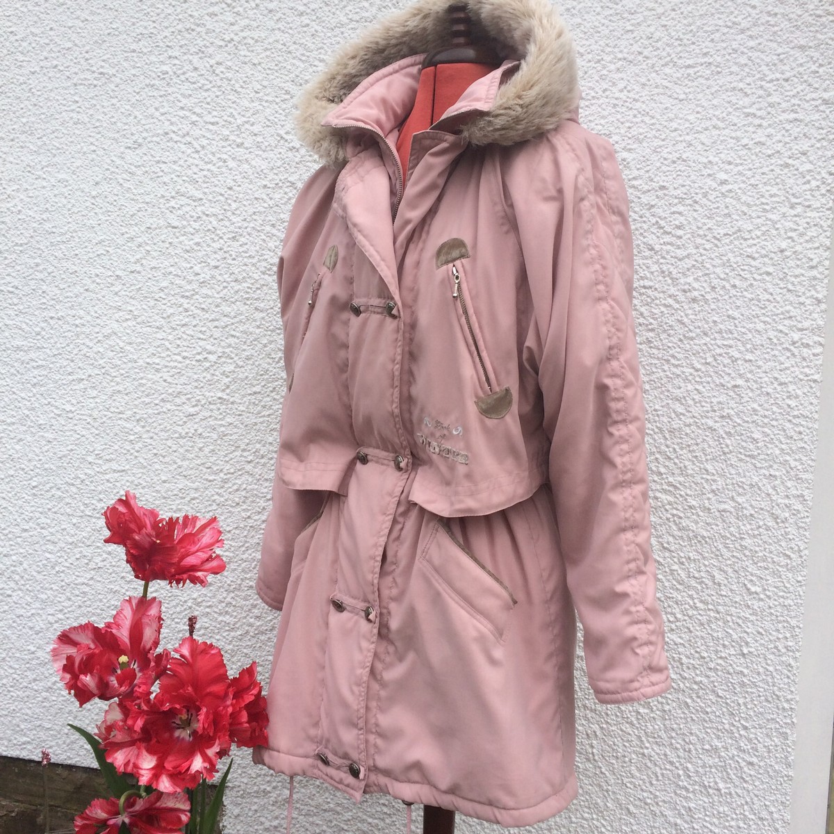 Vintage 90s 00s Sz 10 Pastel Pink Cute Warm Ski Puffer Jacket Coat w Faux  Fur