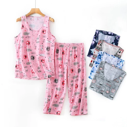Womens Capri Set Sleepwear Soft Pajamas Sleep Nightshirts Print Cotton Nightwear - Bild 1 von 27