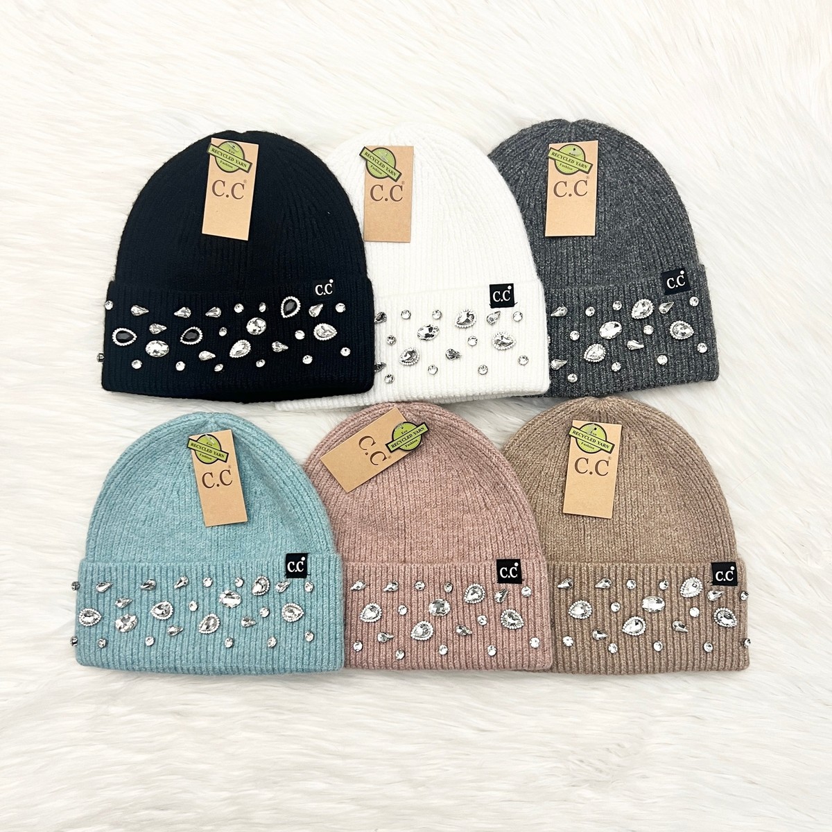 C.C Rhinestone Charm Recycled Yarn Cuff Beanie for Adults, Winter