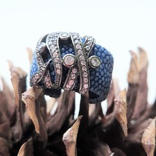 BLUE STINGRAY LEATHER, OXIDIZED STERLING SILVER, WTITE TOPAZ Adjustable Ring