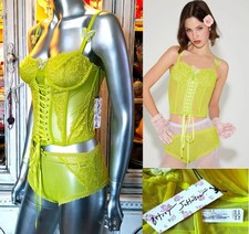 Betsey Johnson Corset Top Bustier Boy Short Lingerie Green Lace Mesh Butterfly M